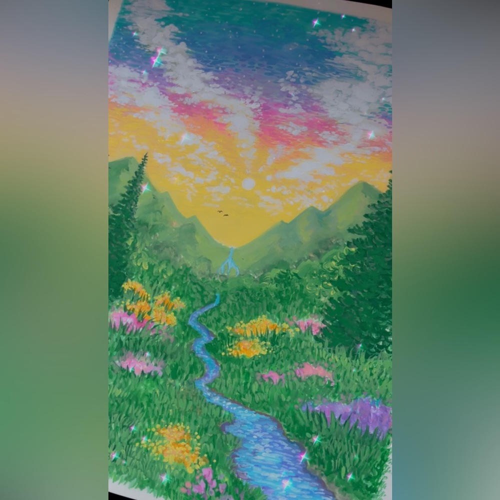 Hand-Painted Meadow Landscape Wall Art - Green, Yellow, Blue